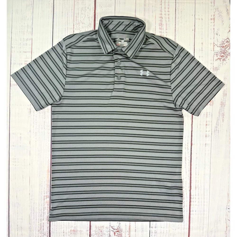 Under Armour HeatGear Polo Shirt Men's Size S Gray Striped Lightweight Stretch